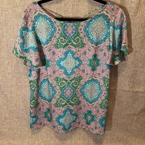 Talbots Tops - Talbots Shimmer Paisley Print Pink Blue
